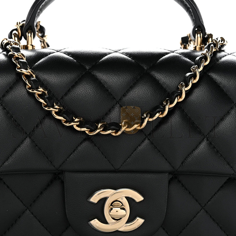 Ch**el MASTER LAMBSKIN QUILTED MINI TOP HANDLE RECTANGULAR FLAP BLACK (20*11*6cm)
